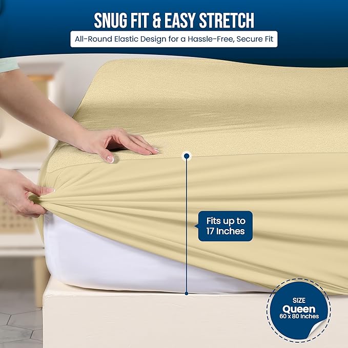 Utopia Bedding Waterproof Mattress Protector Queen Size, Premium 200 GSM Terry Mattress Cover, Soft & Breathable Bed Cover, Fitted Sheet Style with Stretchable Deep Pockets 17" (Beige)