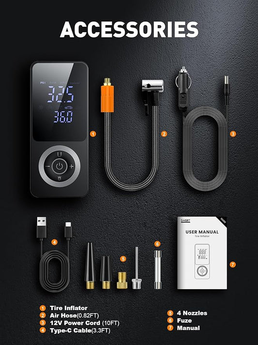 SMART JERRY - Tire Inflator Portable Air Compressor | Cordless Mini Bike Tire Pump with Gauge | Dual-Power Electric 12V Air Compressor for Auto, Motorcycles, Bikes, Balls | Fast Inflation Max 150 PSI