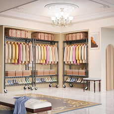 Heavy Duty Rolling Garment Rack 3 Tiers Adjustable Wire Shelving Clothes Rack with Rods and Side Hooks,Storage Closet Clothing Rack with Wheels Black 17.7