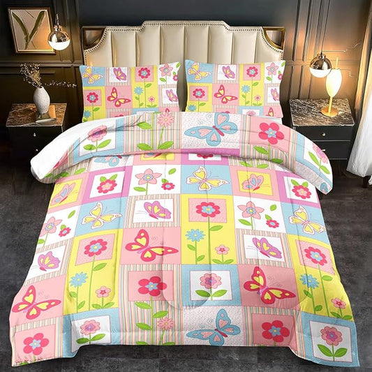 Pink Butterfly Kids Comforter Set Twin Girls Floral Bedding Set Girls Pink Grid Comforter Kids Quilt Bedroom Decor White Purple Blue Pink Butterfly Bedding Bed Decor