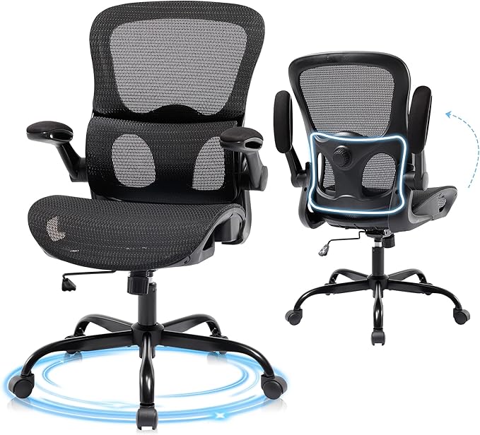 Office Chair, Ergonomic Desk Chair with Adjustable High Back 2D Lumbar Support Flip-up Armrests, Executive Breathable Mesh Comfy Swivel Rolling Computer Task Chair for Home Office Study Work Gaming