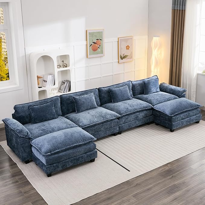154" Modular Sectional Sofa, Comfy Cloud Couch Sectional Sofa with Ottoman, Chenille Sofa Sleeper Deep Seat Sofa with Throw Pillows for Living Room (Blue, 154"- U Shape)