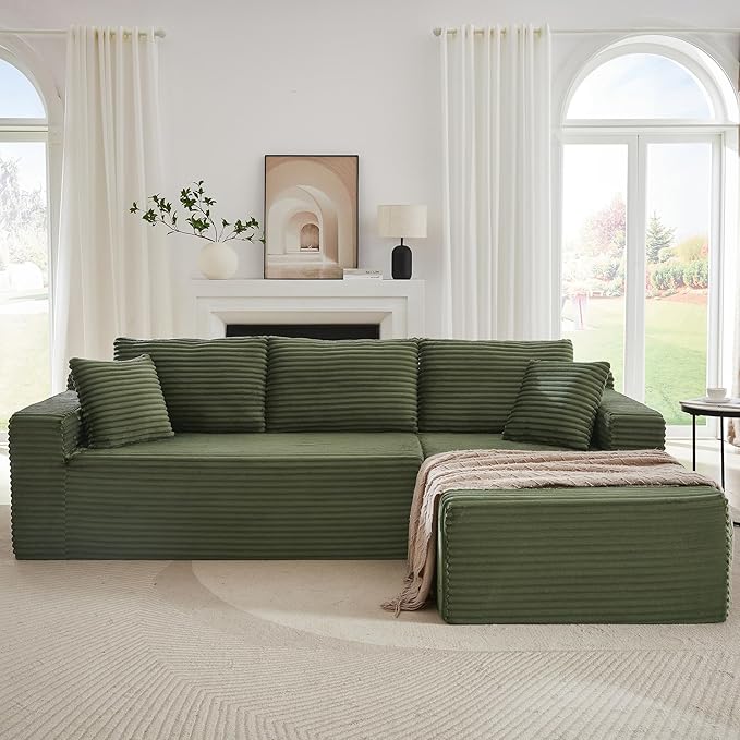 96''Sectional Couches for Living Room,Modern Modular Sectional Sofa,Upholstered Boneless Couch with Pockets,Comfy Cloud Couch with L Shaped Chaise (Green, 105''W Right Facing Chaise)