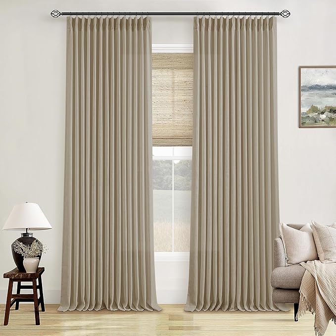 Extra Long Pinch Pleated Linen 108 Inch Curtains 2 Panels Set for Living Room Bedroom Farmhouse Tan Brown Cotton Flax Back Tab Memory Shape Pinch Pleat Ceiling Floor Window Curtains 9 FT Grey Beige