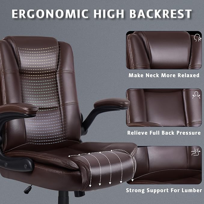 LEMBERI Flip-up Arms Office Desk Chair Big and Tall Managerial Executive Chair, High Back Computer Chair Ergonomic Adjustable Height PU Leather Chairs with Armrest for Long Time Sitting