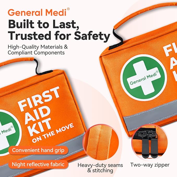 General Medi First Aid Kit - 150 Pieces Small Compact First Aid Kit Bag - Includes Instant Cold Pack, Emergency Blanket for Travel, Home, Office, Vehicle, Camping（Orange）