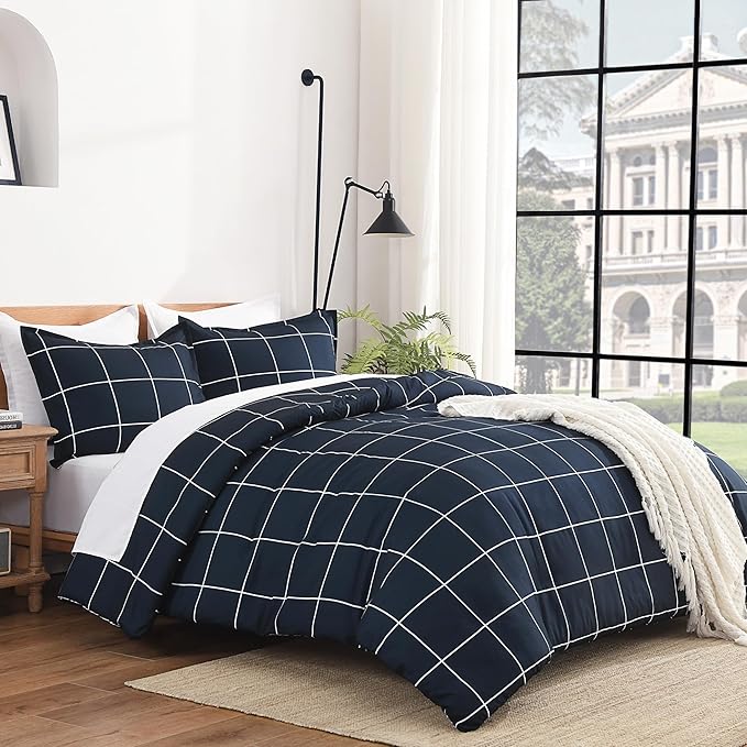 Andency Navy Plaid Comforter Full(79x90Inch), Dark Blue Grid Gingham Buffalo Plaid Bed Set for Boys Kids Teens, 3 Pieces Lightweight Microfiber Geometric Preppy Bedding