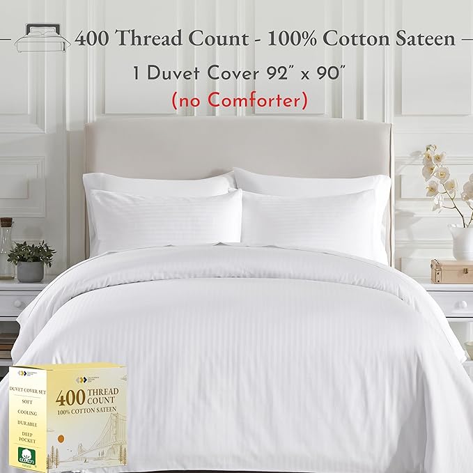 California Design Den Striped White Duvet Cover Queen/Full Only - Premium 400 Thread Count 100% Cotton Duvet Cover Queen, Sateen, Queen Comforter Cover, Button Closure and Corner Ties (Striped White)