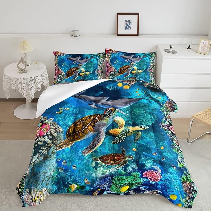 CVHOUSE Sea Turtle Comforter Set King - Ocean Lovers, Turtle Beach Bedding Set with 3 Pcs: 1 Comforter, 2 Pillowcases