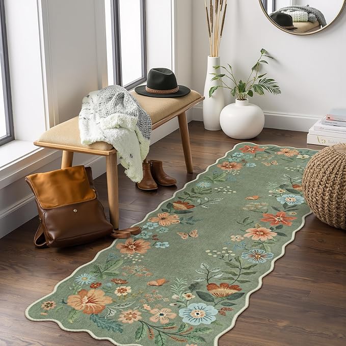 Lahome Floral Washable Runners for Hallways, 2x5 Kitchen Runner Ultra-Thin, Non-Slip Soft Hallway Rug Stain Resistant Boho Low-Pile Carpet for ‎Laundry Bathroom Bedroom(2x5ft,Green)