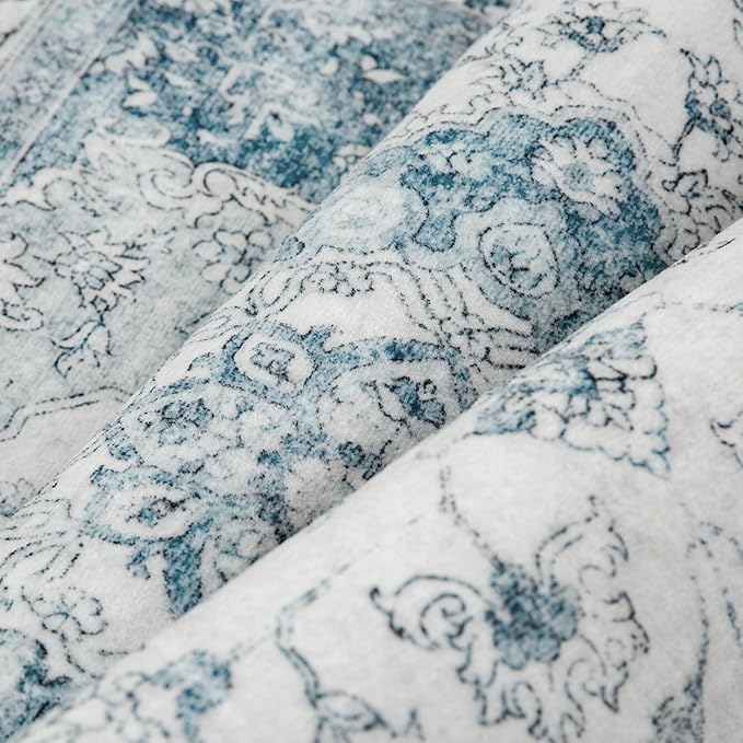 Blue Area Rug 3x5 Washable Vintage Carpet for Entryway Office Soft Retro Kitchen Low Pile Thin Door Mat Non Slip Oriental Medallion Throw Rug for Bathroom Bedroom Dining Living Room