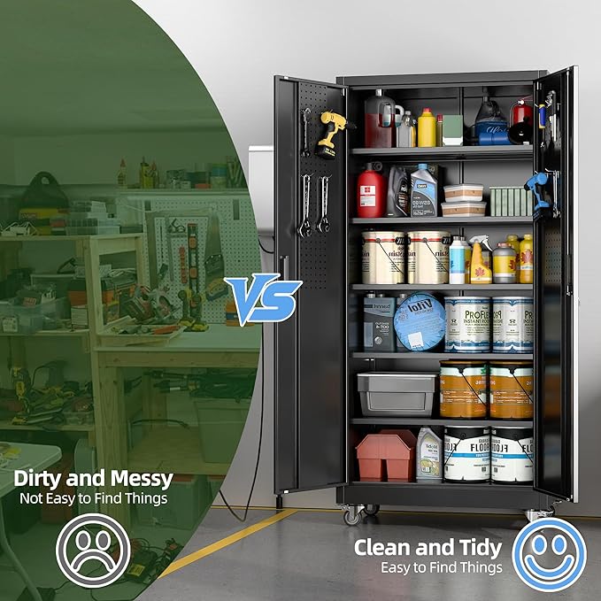 SUXXAN Metal Garage Storage Cabinet with Wheels and Pegboard, 71'' x 34'' x 18'' Lockable Rolling Steel Cabinet with 5 Adjustable Shelves and Door for Garage, Office, Kitchen, Assembly Required