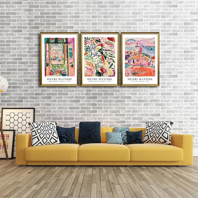 Wieco Art Large Framed Canvas Wall Art 3 Piece Henri Mattise Art Abstract Colorful Matisse Posters Canvas Prints for Wall and Home Office Decorations Bronze Gold Frame