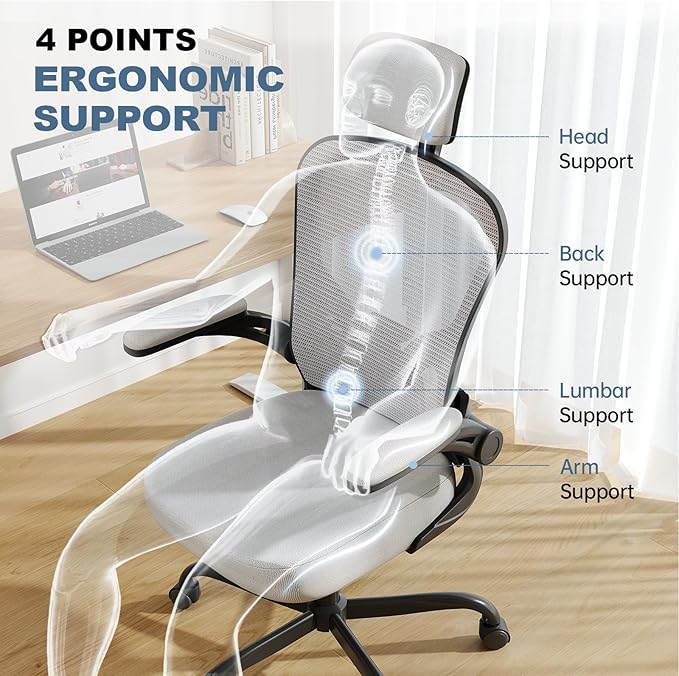 Office Chair Ergonomic Desk Chair, 330LBS Capacity, High Back Computer Chair for Long Hours Comfortable, Rolling Swivel Executive Task Chair for Home Office with Flip-up Armrests, Black Grey