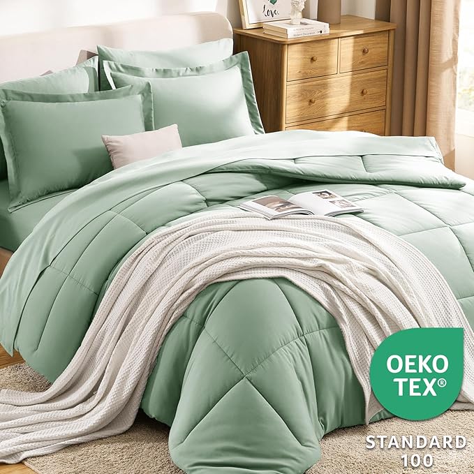 CozyLux Queen Comforter Set Sage Green - 7 Pieces Bed in a Bag Queen, All Season Breathable Bedding Sets, Oeko-Tex Certified Bed Set with Down Alternative Comforter, Sheets, Pillowcases & Pillow shams