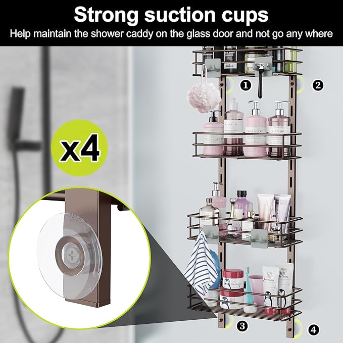 Orimade Over the Door Shower Caddy Adjustable 5 Tier Bronze,Bathroom Hanging Organizer Shelf Rustproof with 4 Hooks,Shower Basket with Soap Holder and Suction Cup