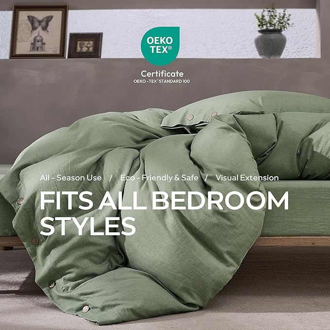 JELLYMONI Cotton Duvet Cover Twin Size - Sage Green Comforter Cover with Button 100% Washed Cotton 2PCS Breathable Soft Solid Bedding Set Duvet Cover 68×90in & 1 Pillowcases (NO Comforter)