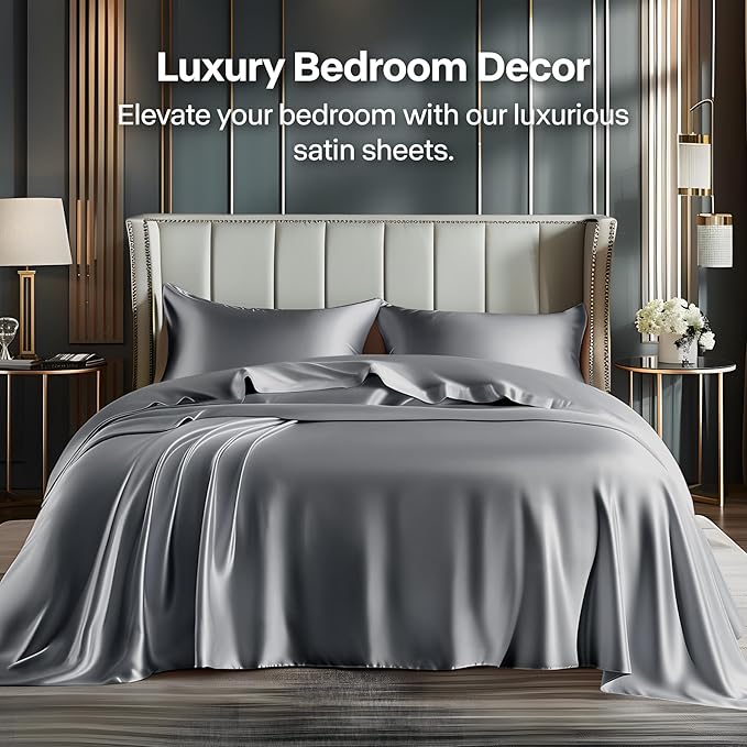 BEDELITE Satin Sheets Twin Size Bed Set, Luxury Soft Dark Grey Silky Sheets for Hair and Skin, Similar to Silk Bed Sheets Set 3 Pieces with 1 Deep Pocket Fitted Sheet, 1 Flat Sheet, and 1 Pillowcase