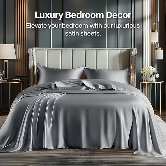 BEDELITE Satin Sheets Twin Size Bed Set, Luxury Soft Dark Grey Silky Sheets for Hair and Skin, Similar to Silk Bed Sheets Set 3 Pieces with 1 Deep Pocket Fitted Sheet, 1 Flat Sheet, and 1 Pillowcase