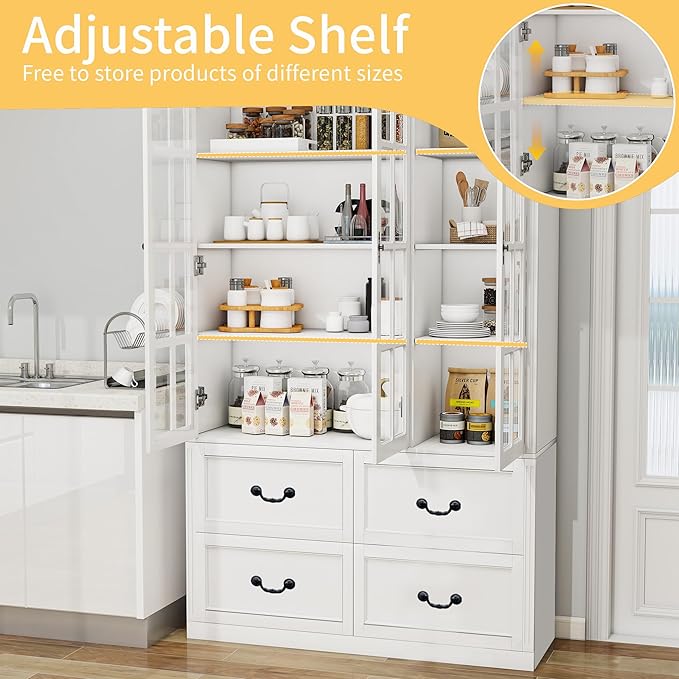 78.8" Tall Bookcase Display Storage Cabinet Hutch with Glass Doors & Drawers - Curio Display Bookshelf Kitchen Pantry for Home, Kitchen, Living Room.