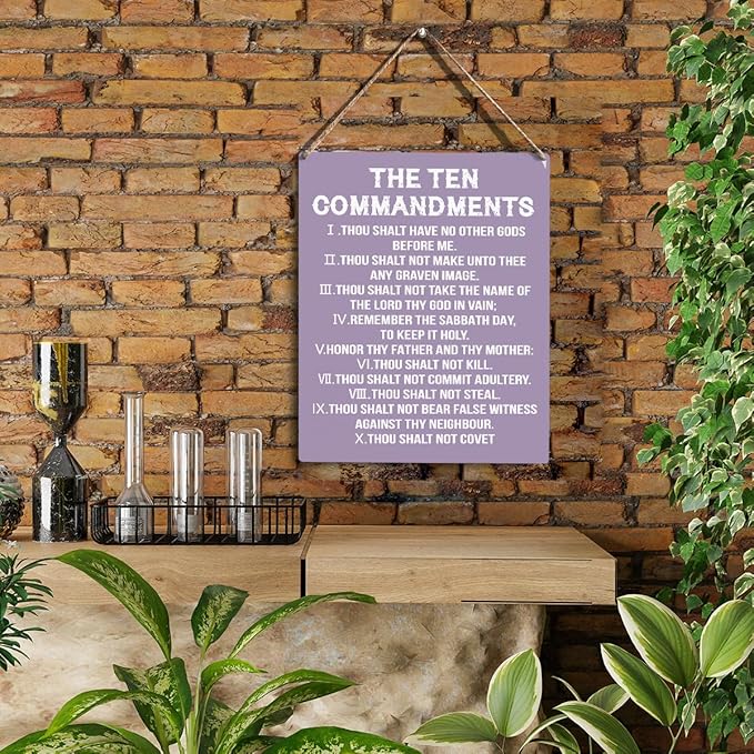 YCYD Ten Commandments Decor,10 Commandments Desk Poster, Christian Bible Verse Decor Religious Home Rustic Wooden Box Sign for Living Room Bedroom Office 10 x 8 Inches Purple