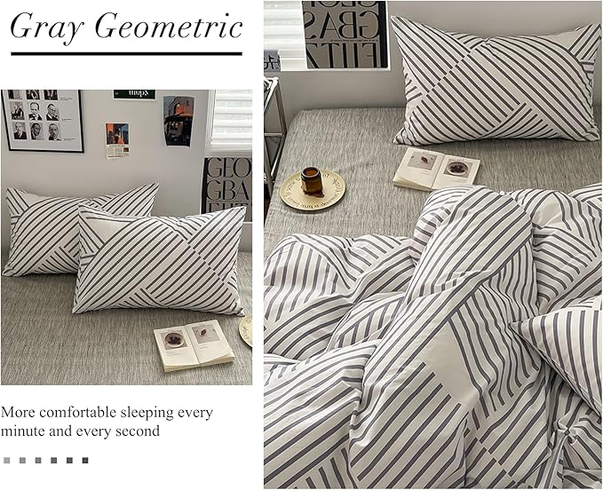 VM VOUGEMARKET Stripes Duvet Cover King,Instagram Style Geometric Duvet Cover with Zipper Ties 100% Cotton Modern Fashion Bedding Set for Men Women-King,Gray Stripes