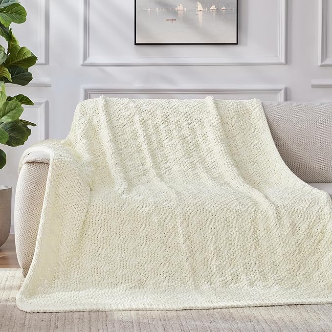 Knitted Weighted Blanket for Adult, Chunky Knit Weighted Throw for Sleep 50"*60" 7lbs, Cooling Breathable Heavy Blanket for Hot Sleepers, Machine Washable Blanket for Room Decor(Ivory White)
