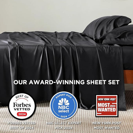 Bedsure Full Size Bed Sheets, Cooling Sheets, Rayon Derived from Bamboo, Breathable & Soft, Deep Pocket Up to 16 Inches, Hotel Luxury Silky Bedding for Hot Sleepers, Black