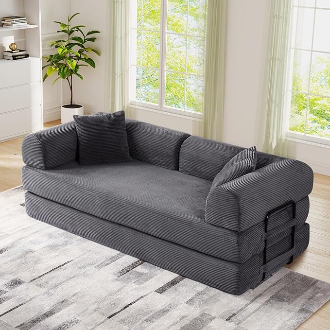 Antetek Convertible Futon Sofa Bed, 3-Seater Modern Corduroy Foam Floor King Size Bed Fold Out Sleeper Lounge Loveseat Sofa Couch with 2 Throw Pillows for Living Room Bedroom Guest Room, Light Grey