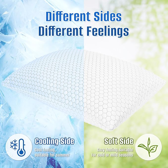 Shredded Memory Foam Pillow for Sleeping, Cooling Bed Pillows Set of 2, Adjustable Pillows for Side, Back, Stomach Sleepers with Washable Pillowcase (King Size, Grey)