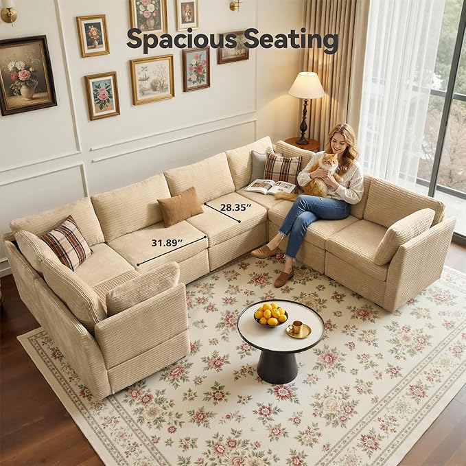 Large 7 Seat Modular Sectional Sofa with Ottoman Seat Corduroy Sleeper Sectional Sofa Bed Oversized Convertible Modular Couch for Living Room