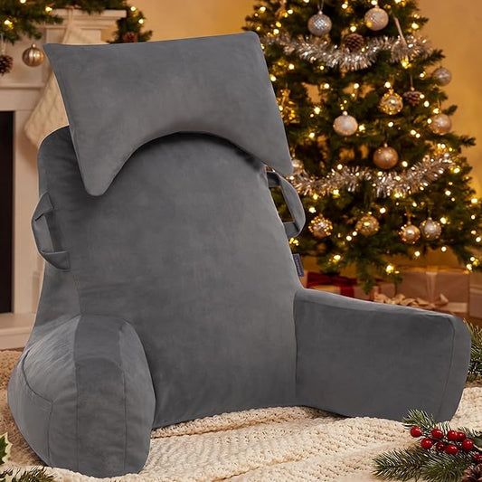Portable Reading Pillows with Headrest for Bed Sitting Up(Light Grey Oeko-Tex), Velvet Back Pillow with Arms & Pockets for Adults, Support Memory Foam Bed Pillow for Dorm/Watching/Gaming
