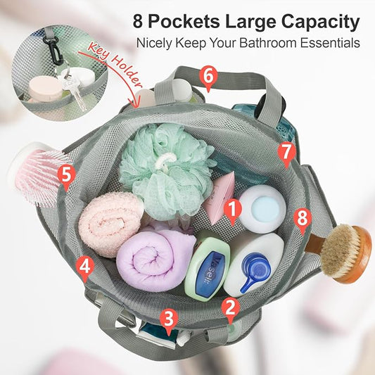 F-color Mesh Shower Caddy Portable with Drawstring - Upgrade Deeper 7 Pockets Dorm Room Essentials for Guys Girls with S Hook, Shower Bag Basket Tote for College Camping Toiletry Bathroom, Grey