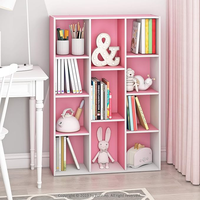 Furinno LUDER Book Shelf, 11-Cube Bookshelf, Reversible Bookcase, 9.4 x 29.1 x 41.7, for Living Room, Bedroom, Home Office, White/Pink