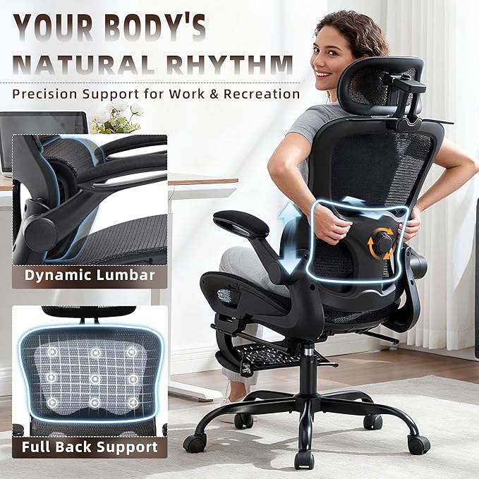 Ergonomic Office Chair, Adjustable High Back Desk Chair with Headrest Footrest 2D Lumbar Support - Executive Breathable Mesh Comfy Swivel Rolling Reclining Computer Task Chairs for Home Office Gaming