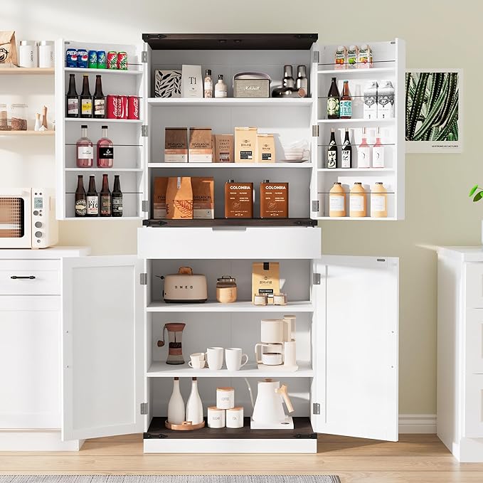 72" Tall Storage Cabinet, Kitchen Pantry Cabinet with Adjustable Shelves & Sturdy Steel Frame, Farmhouse Pantry Storage with 4 Barn Doors for Kitchen, Dining Room, and Living Room, White