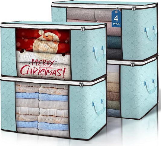 Budding Joy 90 L Large Storage Bags, 4 Pack Clothes Storage Bins Foldable Closet Organizer Storage Containers Storage and Organization for Clothes, Blanket, Comforters, Bed Sheets, Pillows (Blue)