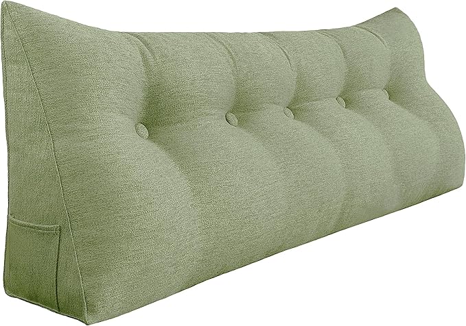 11 lbs Thickened Headboard Pillow Wedge Pillow Headboard Reading Pillow Bed for Comfortable Backrest Reading Triangular Pillow with Side Pocket for Sitting in Bed Cotton Linen Green Queen