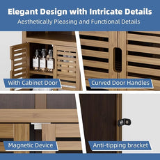 HITNET Walnut Bathroom Floor Cabinet, Bamboo Side Tall Storage Organizer, Freestanding Kitchen Cupboard with Door and Removable Shelf