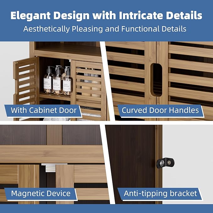 HITNET Walnut Bathroom Floor Cabinet, Bamboo Side Tall Storage Organizer, Freestanding Kitchen Cupboard with Door and Removable Shelf