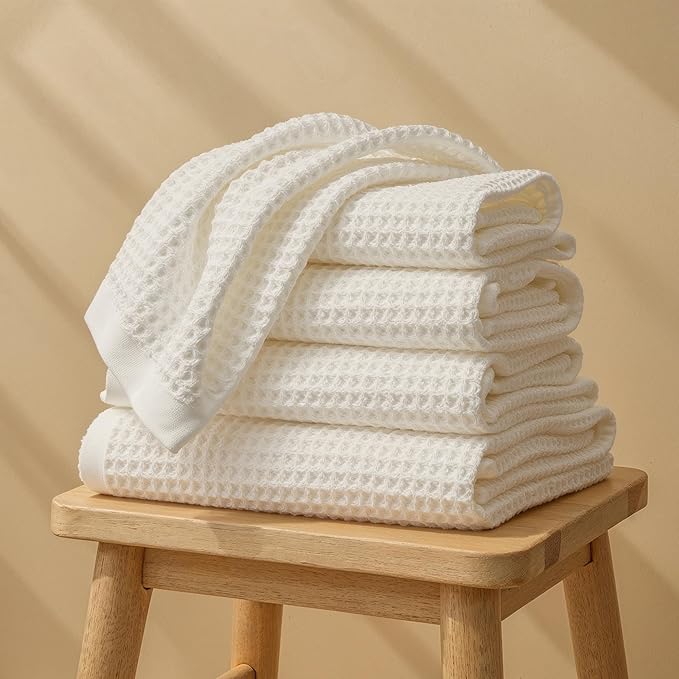 Italic Sedona Waffle Towel Set, 6-Piece 410 GSM 100% Cotton Set Includes 2 Bath Towels, 2 Hand Towels & 2 Washcloths, Quick-Drying, White