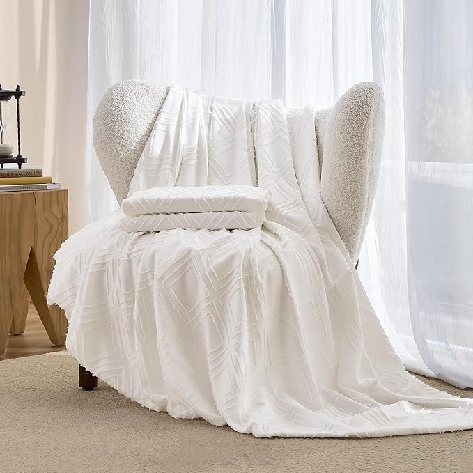 JELLYMONI Duvet Cover Full Size Bright White - 3PCS Boho Duvet Cover Set Plaid Polyester Tufted Bohemian Jacquard Knit Textured Comforter Cover 80×90in Rhombic Geometric Pattern Corner Ties & Zipper