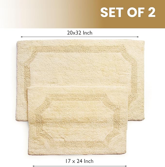 voyzz home Set of 2 Reversible Bath Rug 20x32 inch -17x24 inch | 100% Cotton Hand Tufted Soft & Absorbent Bath Mat|Washable Quick Dry Shaggy Shower Mat | Non-Slip Mordern Bathroom Decor | Yellow…