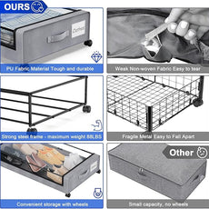 Beborxue Under Bed Storage with Wheels, 4-Pack Underbed Storage Containers with Clear Lids, XXL 60L Under the Bed Storage Organizer Bins, Rolling Under Bed Metal Drawer for Clothes,Shoes,Toys (Gray)