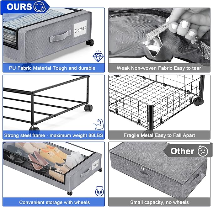 Beborxue Under Bed Storage with Wheels, 4-Pack Underbed Storage Containers with Clear Lids, XXL 60L Under the Bed Storage Organizer Bins, Rolling Under Bed Metal Drawer for Clothes,Shoes,Toys (Gray)