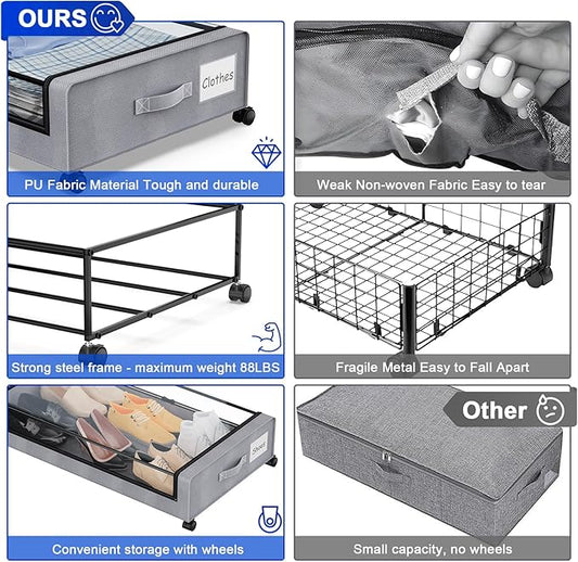 Beborxue Under Bed Storage with Wheels, 4-Pack Underbed Storage Containers with Clear Lids, XXL 60L Under the Bed Storage Organizer Bins, Rolling Under Bed Metal Drawer for Clothes,Shoes,Toys (Gray)