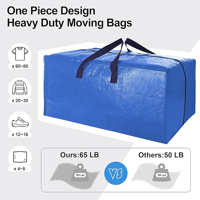 Heavy Duty Extra Large Moving Bags W/Backpack Straps - Strong Handles & Zippers, Storage Totes For Space Saving, Fold Flat, Alternative to Box and Bin (Set of 6, Multicolor)