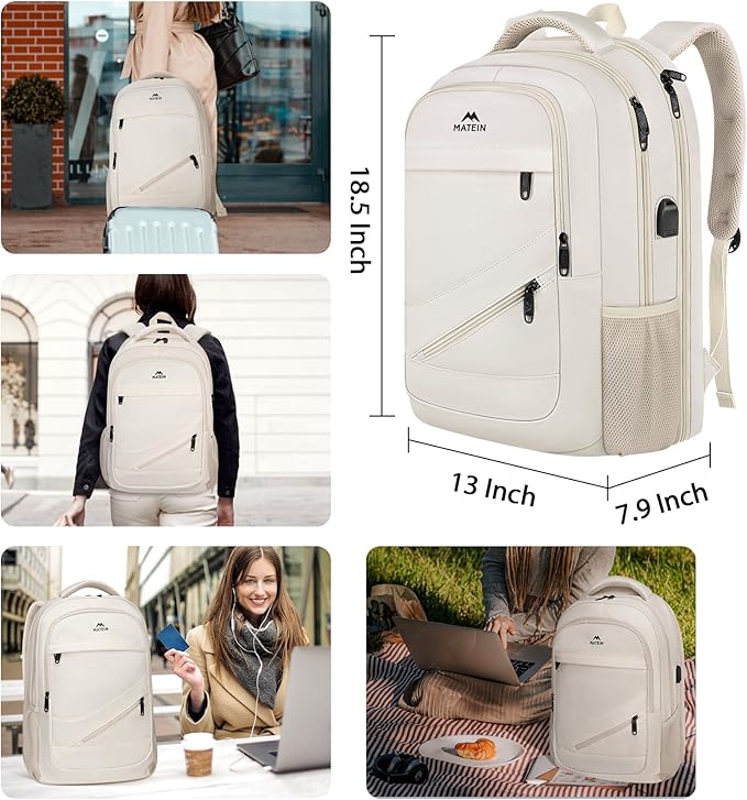 MATEIN Laptop Backpack Women Large Capacity, Travel Backpack TSA Approved with Luggage Strap & USB Port, Water Resistant Teacher College Bookbag Fits 17 Inch Computer, Stylish Beige Work Daypack