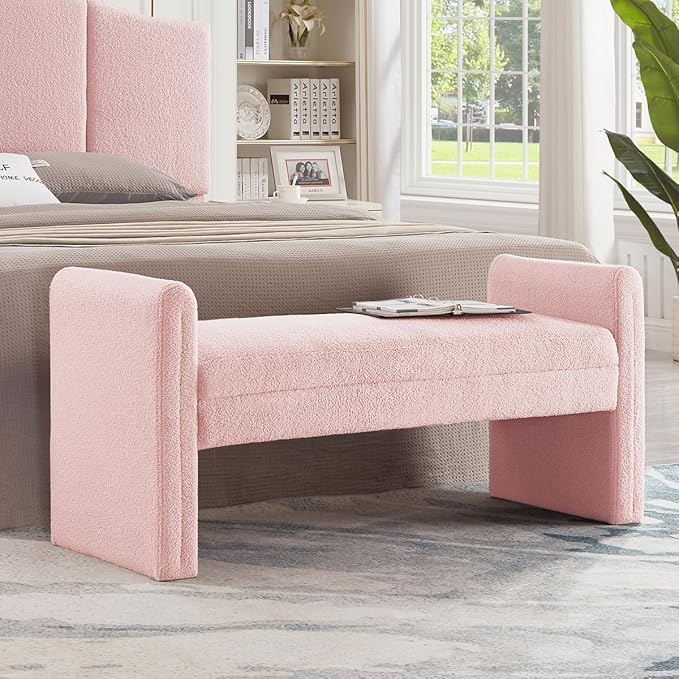 24KF Modern Upholstered Bed Bench Covered with Soft Boucle Teddy Fabric, Lovely Entryway Bench Ottoman with Armrest, 5062-Pink