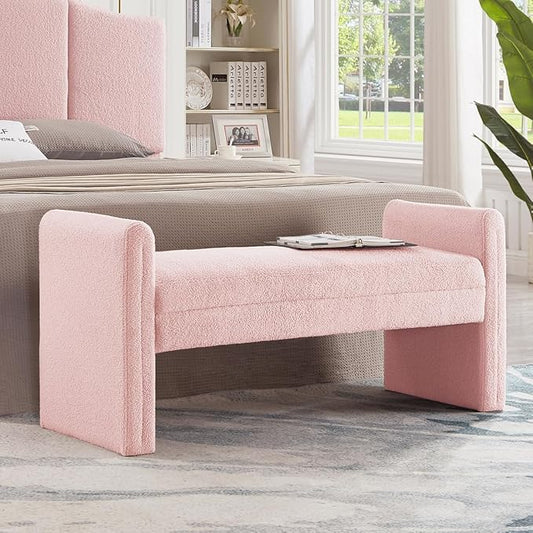 24KF Modern Upholstered Bed Bench Covered with Soft Boucle Teddy Fabric, Lovely Entryway Bench Ottoman with Armrest, 5062-Pink